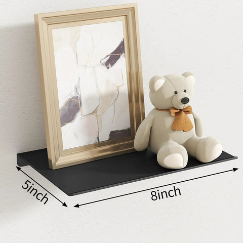 Slick 8 Inch Small Floating Wall Shelves, Heavy Duty Metal Wall Mounted Storage for Bathroom Bedroom Living Room, Dope Minimalist Black Display Racks for Books Room Decor Two Pack with framed art and teddy bear.