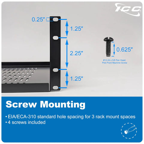 Tough As Nails Ventilated Steel Cantilever Rack Shelf For 19 Inch Server Cabinet Network Equipment Heavy Duty One Piece Build showing screw mounting dimensions.
