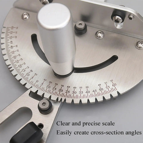 Premium Precision Miter Gauge With Heavy Duty Miter Fence And Repeat Cut Flip Stop showing clear scale for angle adjustments.