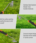 Weed Remover Tool Garden Weeder With Long 13 Inch Handle Four Tooth Uprooting Tool Stainless Steel Build Rubber Grip on grass
