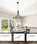 Farmhouse Wagon Wheel Chandelier 20 Inch Black Brown Iron With 6 Lights hanging over rustic dining table in bright room
