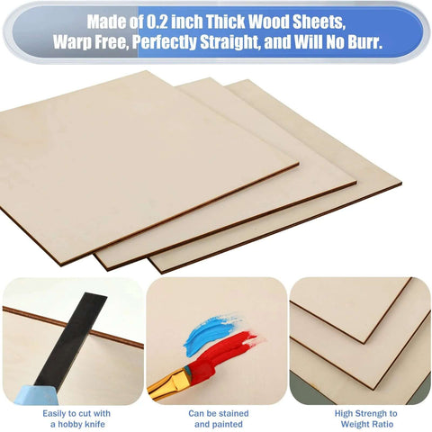 Front view of 16-pack natural basswood plywood sheets, 12x12 inches, 5 mm thick, unfinished craft wood