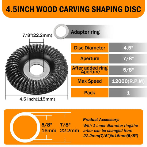 Go-To 4.5 Inch Wood Carving Disc With 7/8 Inch Arbor For Angle Grinder showing dimensions and specifications