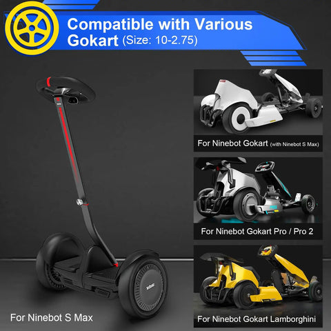 Two Pack 10-2.75 Inch Solid Tires With Quick Release Drift Style For Gokart Pro Pro 2 S Max And Lamborghini Edition Rear Tire Upgrade For Ninebot Gokart Family showcasing compatible gokarts.