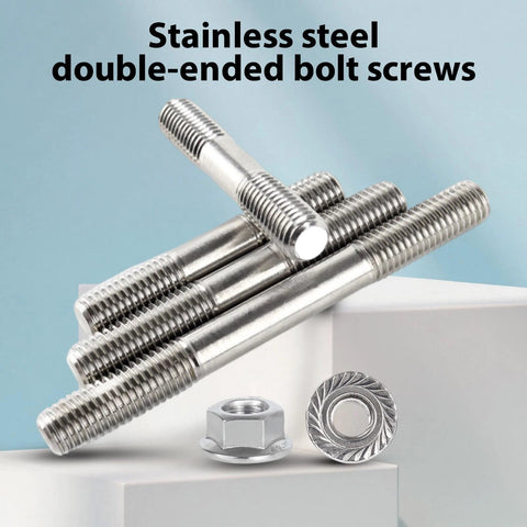 Front view of M6 stainless steel double-ended threaded studs with flange nuts and washers