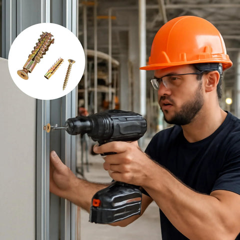 20 Pack Heavy Duty Cinder Block Anchors With Screws for Concrete Block Brick and Hollow Walls, shown being used in workshop setting.