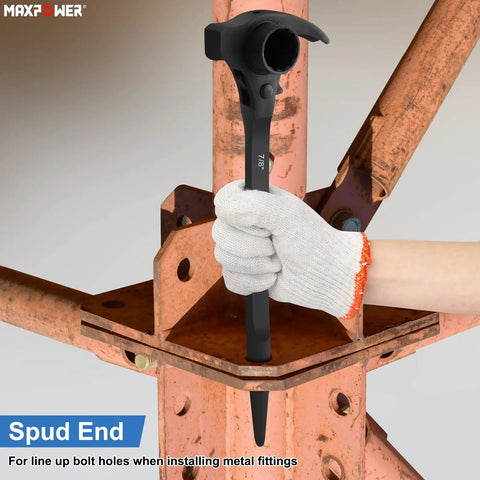 Heavy Duty Scaffold Ratchet Wrench With Double Ended Three Quarter And Seven Eighth Inch Sockets Spud Podger in use on scaffolding
