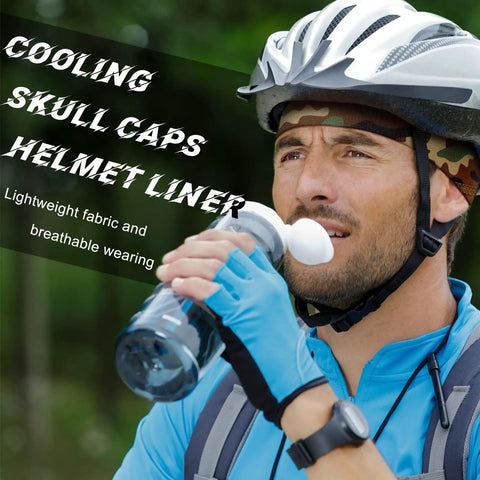 Cyclist wearing cooling helmet liner, part of 10 Pack Skull Caps For Men, Cooling Helmet Liners, Welding Beanies, And Cycling Do Rags