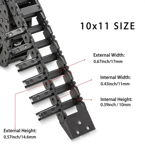 Close-up view of 39.3 Inch Open Type Drag Chain Carrier Cable showing internal 10x11 mm dimensions and PA66 black material.