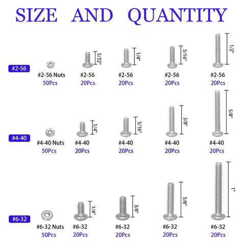 Top Shelf 390 Piece Machine Screw Assortment Kit Featuring Phillips Pan Head Bolts And Sturdy Hex Nuts size and quantity chart.