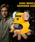 Hard Charging Cordless Mini Bench Grinder Polisher Rolling 5500 Rpm displayed in hand, showing size dimensions of 6.2in x 7.4in.