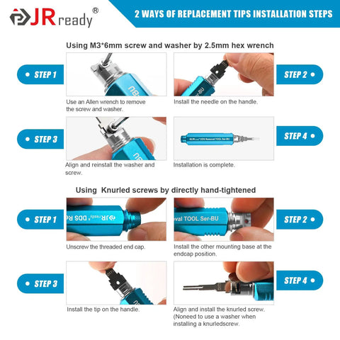 ST5349 Pin Removal Tool Kit With 24 Pieces Replacement Pin Extractor Tools installation steps displayed on a blue background
