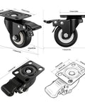 Heavy Duty Polyurethane Caster Wheels Set Of Four With Dual Lock Brakes Non Marking Black Rollers For Workbenches and Tool Carts dimensions and features