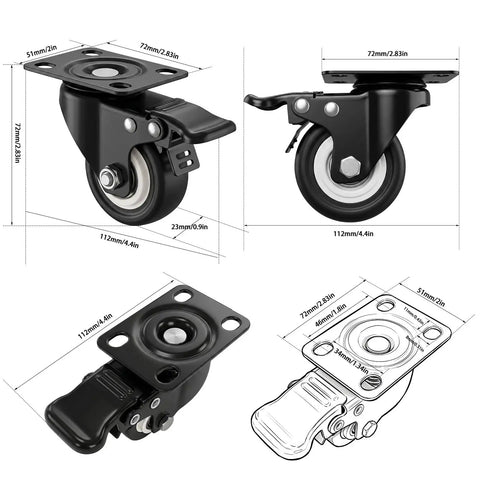 Heavy Duty Polyurethane Caster Wheels Set Of Four With Dual Lock Brakes Non Marking Black Rollers For Workbenches and Tool Carts dimensions and features