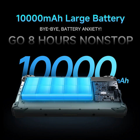 Heavy Duty Rugged Android 14 Tablet With Built In Barcode Scanner 8GB RAM And 128GB Storage showing 10000mAh battery.