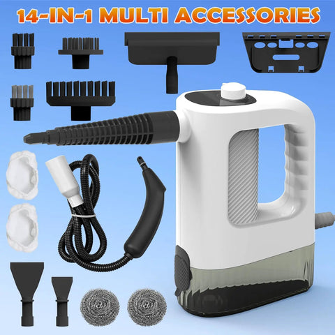 Powerful Handheld Steamer Uses 1200W Hot Steam To Cut Grease Fast, Heats Up In Seconds, Includes 14 multi-use cleaning accessories.