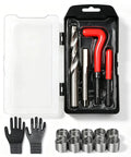 Pro Grade Thread Repair Kit M14 X 1.5mm 15 Piece Set With Gloves For Automotive Radiators Machinery And Equipment Repair Includes Spiral Drill Tap Wrench Break Pin Tool Hex Wrench And 10 Thread Repair Inserts, open case
