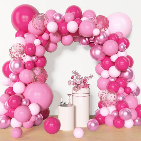 All In One Hot Pink Balloon Arch Garland Kit With 153 Latex Balloons In 18 Inch 12 Inch 10 Inch And 5 Inch Sizes Plus Metallic Confetti