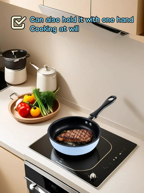 4.7 Inch Mini Nonstick Egg Pan With 5 Layer Coating on induction stove with steak cooking, ideal for tiny kitchens