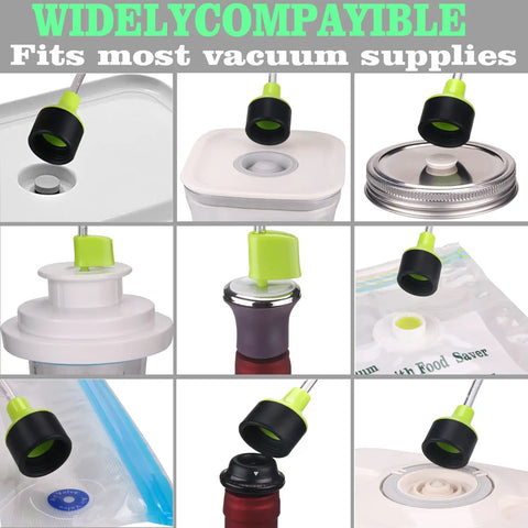 Universal Vacuum Sealer Accessory Hose for zip bags, jars, containers, and wine stoppers, no adapter needed, multiple uses shown