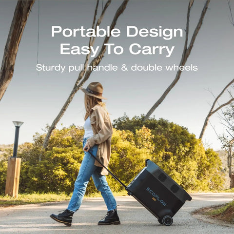 Person pulling Beastly 3600Wh LiFePO4 Delta Pro Portable Power Station With Five 120V AC Outlets, 3600W Peak, 2.7 Hour Fast Charge