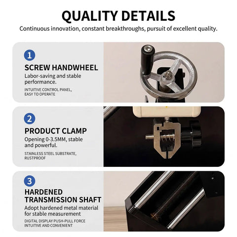 90 Degree Peel Force Test Stand With Digital Readout Gauge For Tape Film And Label Release Strength Testing Workhorse Manual Pull Push Tester 10 To 100N Capacity 200mm Stroke, screw handwheel and steel clamp