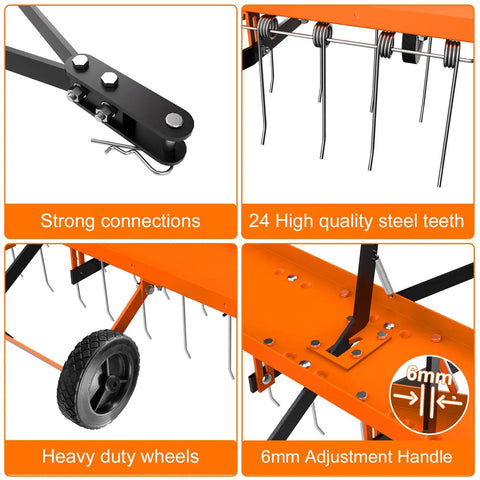 Close-up of 48 Inch Tow Behind Dethatcher with 24 Spring Steel Tines Lift Handle showing construction details