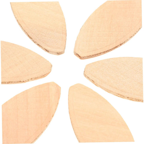 Close-up of 6 light yellow wood joiner biscuits from 100 Pcs Wood Joiner Biscuits Set For Woodworking Projects, Pro Grade Biscuit Plate Joiner Tool