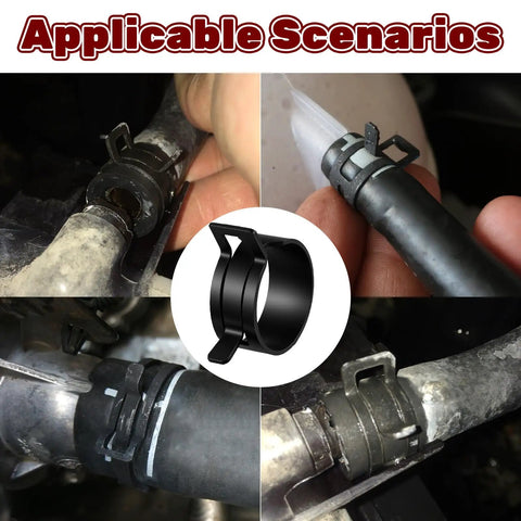 Get Your Hands on This Awesome 131 Piece Assortment Kit With 16 Radiator Hose Clamp Sizes For Tightening Air Tubes And Fuel Lines Like A Pro During Auto Repair Or Home Plumbing Jobs Without Breaking The Bank. black plastic hose clamp on car radiator tube, close-up