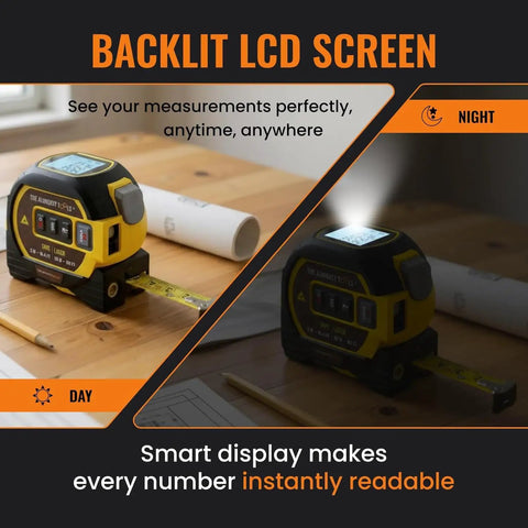 Laser Distance Measurer With Dual Tape Measure For Quick Jobs, Heavy Duty Tool With Cross Marking, Smart Range Finder, Easy Read Display, Ft And Metric Measurements, 131 Ft Range, backlit LCD screen