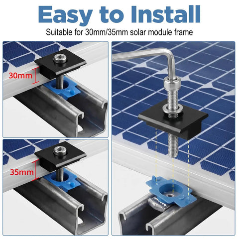 10 Piece Mid Clamp Kit For Solar Panels Compatible With Unistrut Rails 30mm And 35mm Aluminum Brackets installation diagram