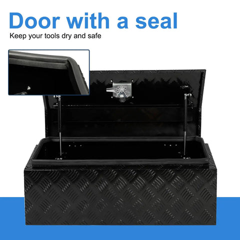 Solid 30 Inch Aluminum Diamond Plate Trailer Tongue Toolbox With Smooth Gas Struts And Secure Key Lock Matte Black Finish To Keep Your Towing Gear Neat And On Point Whenever You Hit The Open Road
