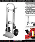 Rugged Aluminum Hand Truck Cart And Convertible Utility Dolly Built Like A Tank Pushing 800 Lb Loads With 10 Inch Pneumatic Tires Dual Control Handles Smooth Heavy Hauling Anywhere, showing its durable frame and 10 inch tires.