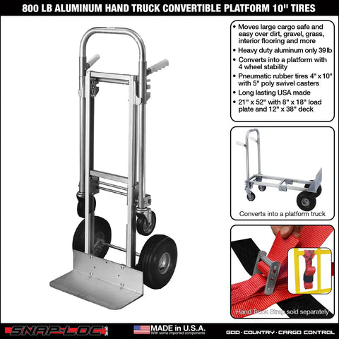 Rugged Aluminum Hand Truck Cart And Convertible Utility Dolly Built Like A Tank Pushing 800 Lb Loads With 10 Inch Pneumatic Tires Dual Control Handles Smooth Heavy Hauling Anywhere, showing its durable frame and 10 inch tires.