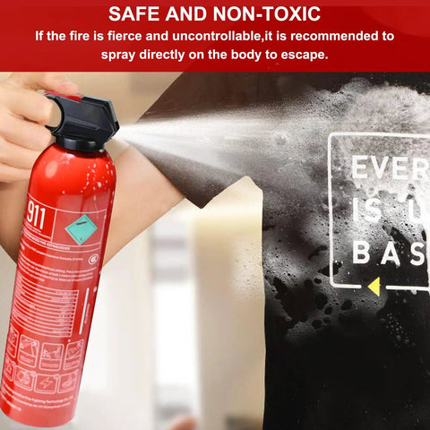 Person using Twelve Pack 21 Oz Water Based Mini Fire Extinguishers Class A B C K Top Shelf Auto Safety Kit to spray fire.