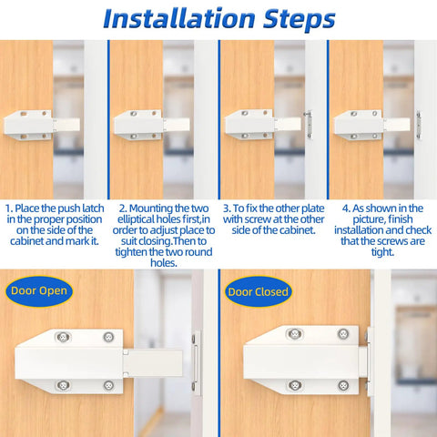Installation steps for Slick Magnetic Push To Open Cabinet Latches with detailed descriptions of latch positioning.