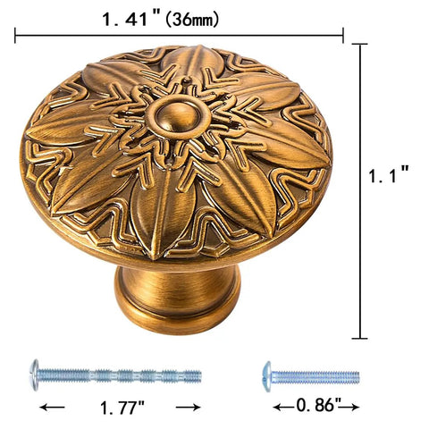 Antique Brass Round Cabinet Knobs And Drawer Pulls Set, 10 Pack, 1.4 Inch, zinc alloy, floral motif, with screws for installation.