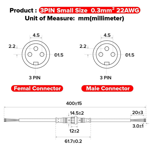 Diagram of 3 Pin Electrical Connector Kit 22AWG IP65 Waterproof Male and Female Plug with size measurements