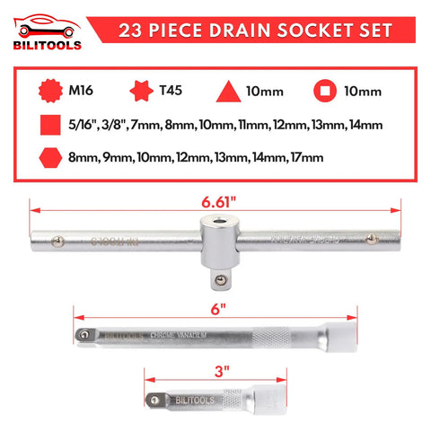 23 Piece Drain Plug Socket Set For Oil Sump And Gearbox, Three Eighth Inch Drive socket tools with size markings and T-bar
