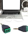 Laptop with headset and Six Pack 3 Point 5mm Stereo Male To AV 3 Screw Terminal Block Balun Connector With Six Female Terminals