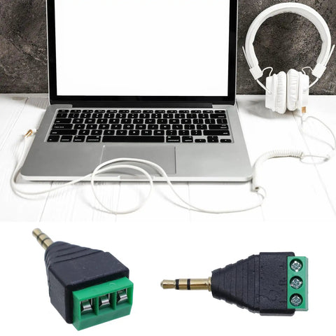 Laptop with headset and Six Pack 3 Point 5mm Stereo Male To AV 3 Screw Terminal Block Balun Connector With Six Female Terminals