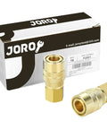 Box and two fittings from Brass Air Hose Fittings One Quarter Inch Body Size M Type Plug NPT Female Threads Ten Piece Air Compressor Coupler Set