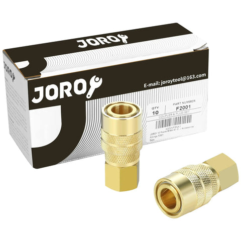 Box and two fittings from Brass Air Hose Fittings One Quarter Inch Body Size M Type Plug NPT Female Threads Ten Piece Air Compressor Coupler Set