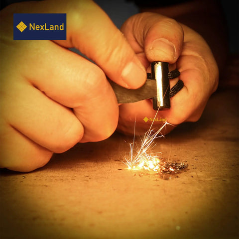 Hands using Ceramic Striker Fire Starter Necklace With Ferro Rod Toggle And Paracord All In One Bushcraft Emergency Fire Starter Kit