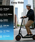Powerful Electric Scooter For Adults With 500W Peak Motor, 18 MPH Top Speed, dual brakes on urban street, Black Red design
