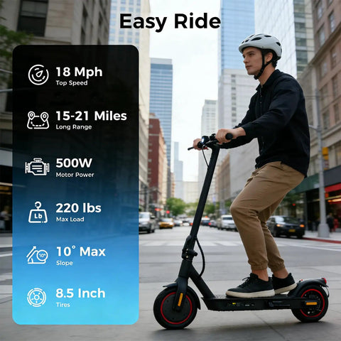 Powerful Electric Scooter For Adults With 500W Peak Motor, 18 MPH Top Speed, dual brakes on urban street, Black Red design