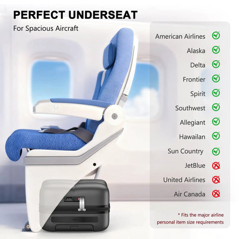 Underseat Carry On Luggage With Wheels For Easy Boarding TSA Approved Hard Shell Personal Item under airplane seat chart