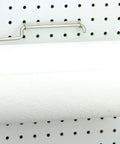 One Handed Tear Pegboard Paper Towel Holder, Stainless Steel, Hooks to Any Pegboard, shown with roll on pegboard