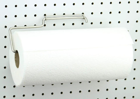 One Handed Tear Pegboard Paper Towel Holder, Stainless Steel, Hooks to Any Pegboard, shown with roll on pegboard