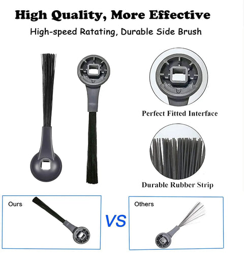 Side Brush Replacement Parts For Ion Robot IQ R101AE RV1001AE And AV2501S AV2501AE RV1000 RV2001AE Compatible With EZ Robot Vacuum Cleaner Accessory 6 Pack showing brush design and comparison with other brands.